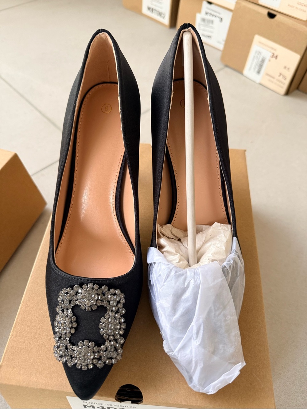 Elegant Black Satin Pointed Toe Heels with Crystal Buckle